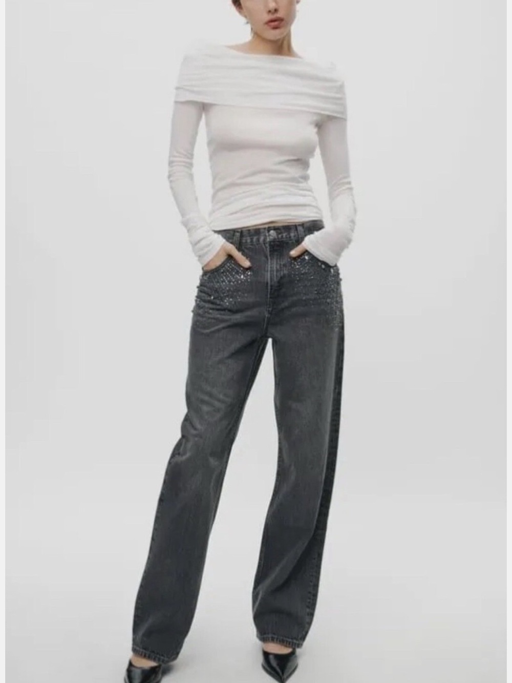 NWT Zara Wide-Leg Jeans with Studded Front in Washed Black 6 38